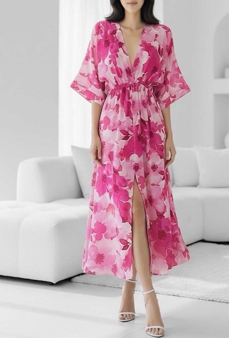 Grossista Elle Style - Abito MARIA, fluido, chic e romantico con spacco frontale.