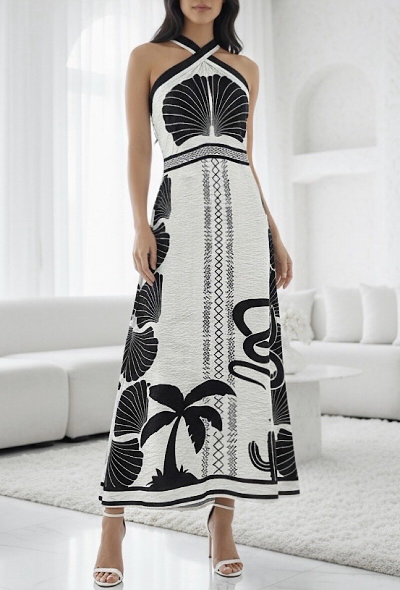 Großhändler Elle Style - STELLA Kleid aus fließender Viskose mit Druck und elastischem Rücken. BOHEMISCH CHIC und IM TREND.