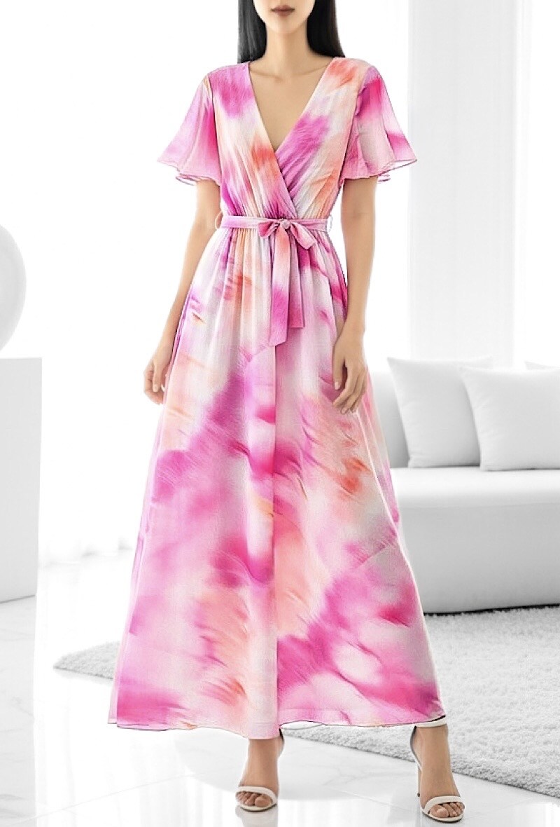 Grossista Elle Style - Abito lungo incrociato CHLOE, stampato con fodera e maniche fluide, chic e alla moda