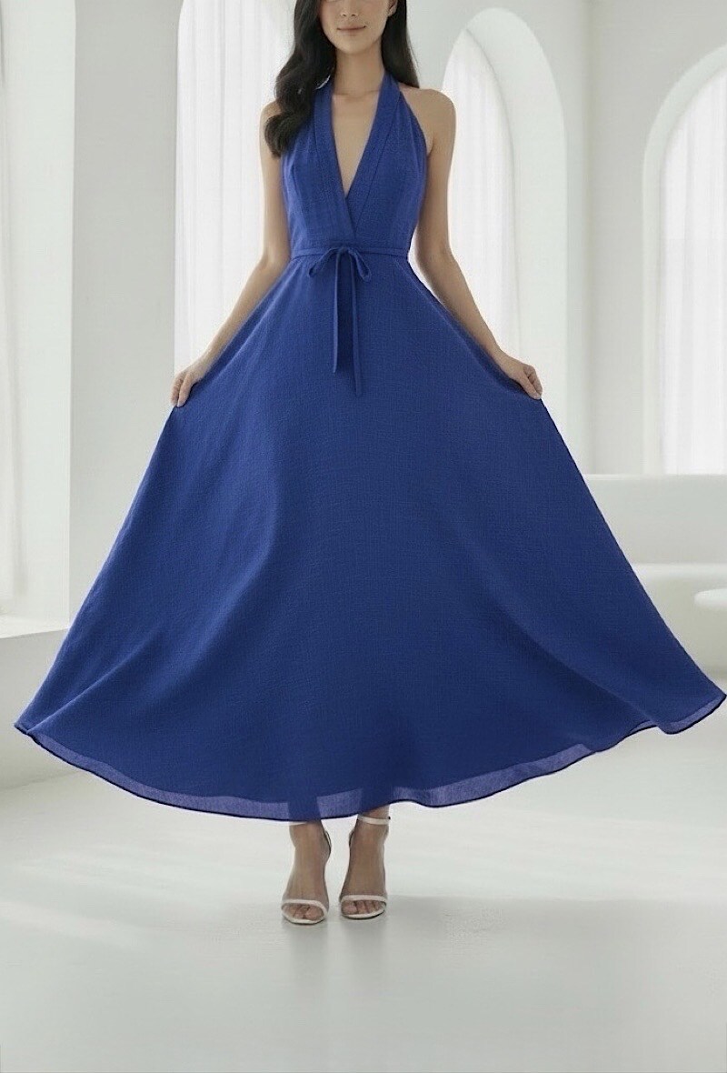 Grossista Elle Style - Abito incrociato JEANNE lungo, molto fluido in viscosa effetto lino, chic e alla moda