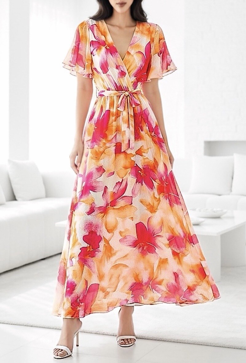 Grossista Elle Style - Abito lungo incrociato CHLOE, stampato con fodera e maniche fluide, chic e alla moda