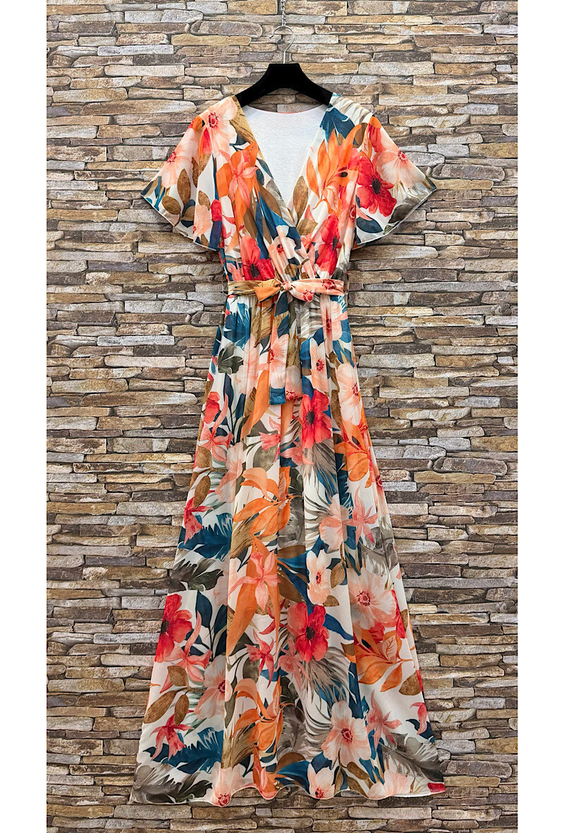Grossista Elle Style - Abito lungo incrociato CHLOE, stampato con fodera e maniche fluide, chic e alla moda