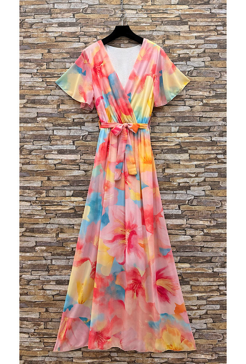 Grossista Elle Style - Abito lungo incrociato CHLOE, stampato con fodera e maniche fluide, chic e alla moda