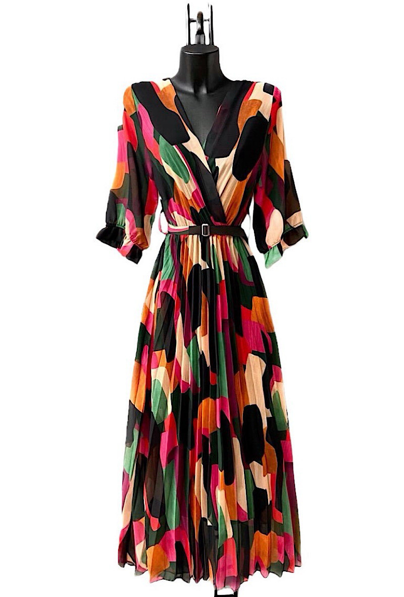 Grossiste Elle Style - Robe LISA plissée avec ceinture faite à la main