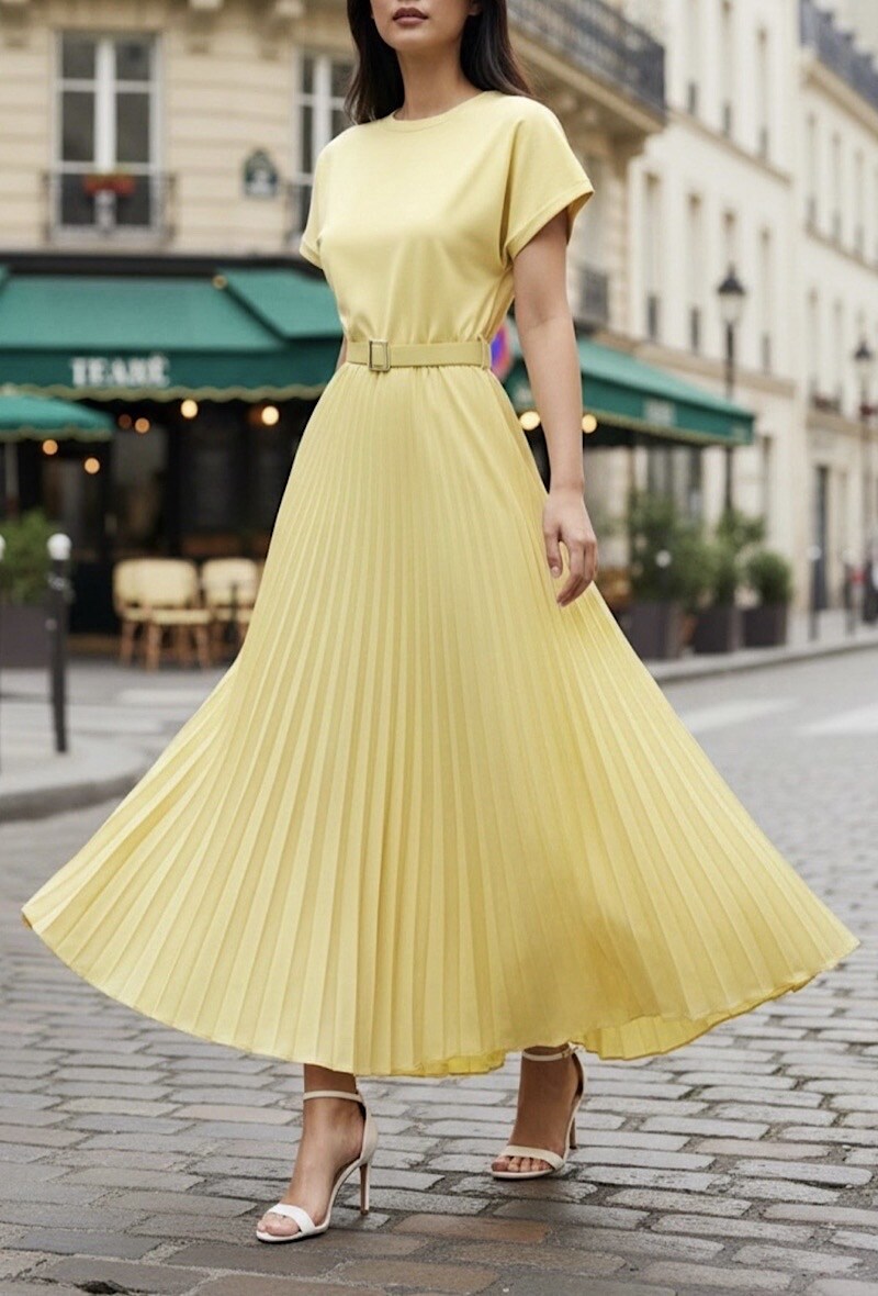 Grossista Elle Style - Abito plissettato SISILE molto fluido in DOPPIO MATERIALE. TESSUTI PREMIUM. Top in viscosa con cintura fatta a mano