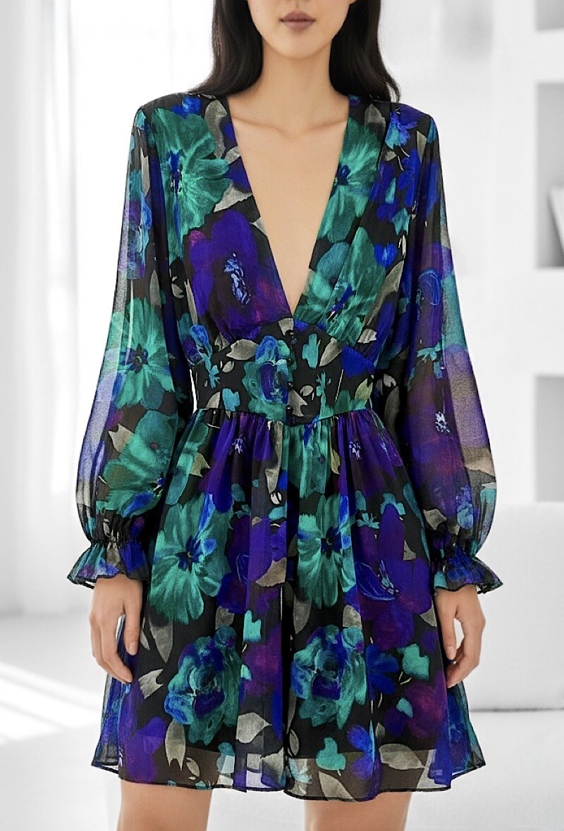 Mayorista Elle Style - Vestido JULIETTE estampado, con mangas largas, botones y forro de viscosa
