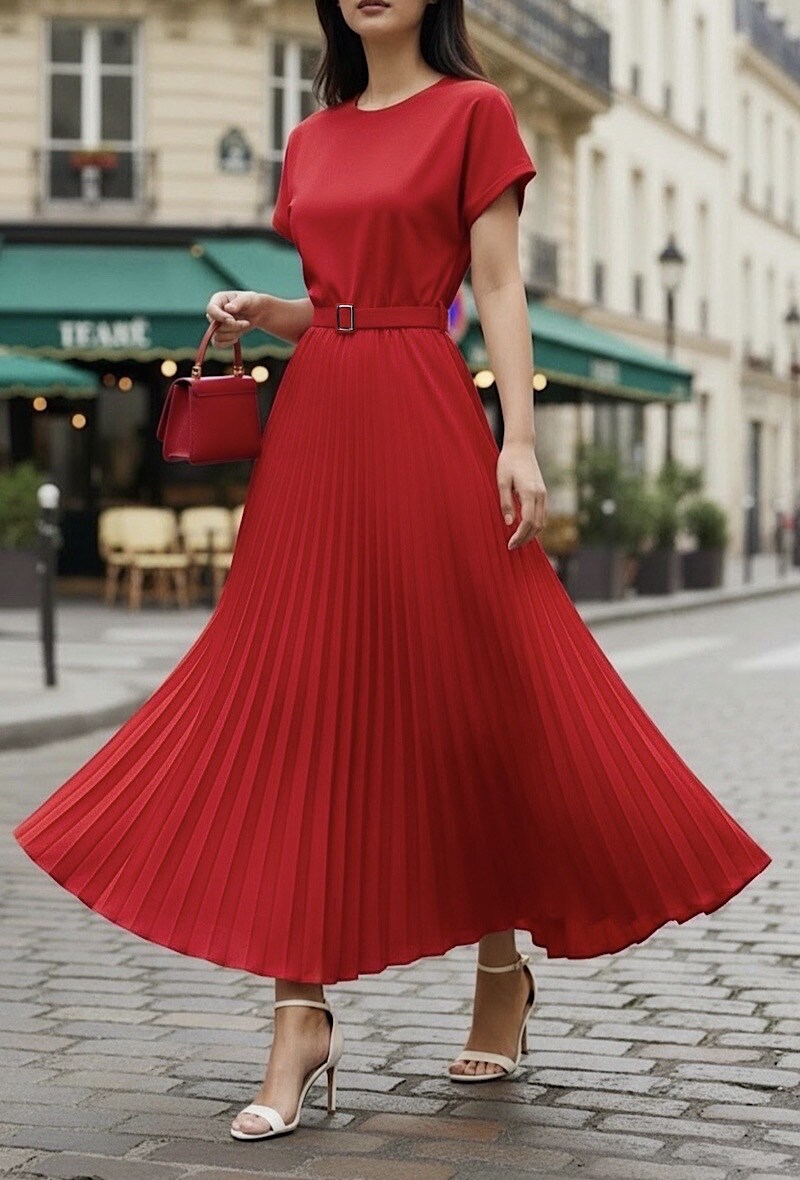 Grossista Elle Style - Abito plissettato SISILE molto fluido in DOPPIO MATERIALE. TESSUTI PREMIUM. Top in viscosa con cintura fatta a mano