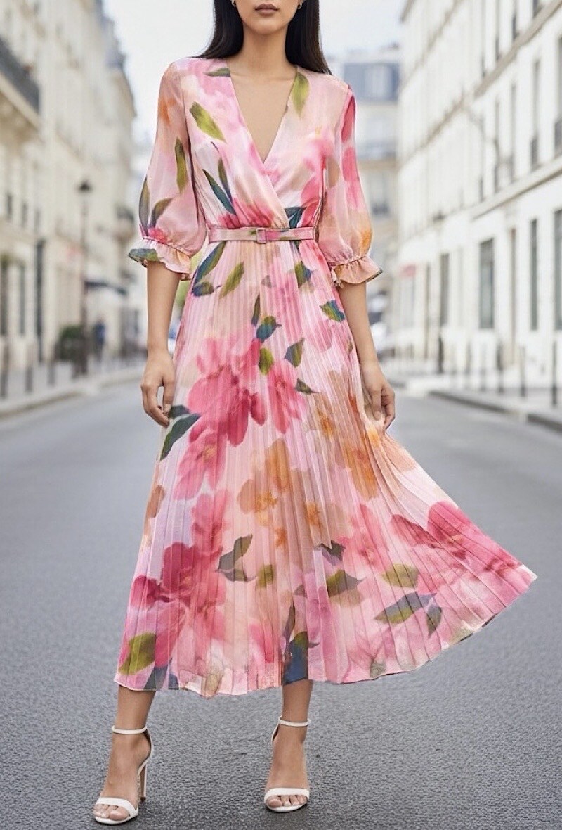 Grossista Elle Style - Abito LISA plissettato con cintura fatta a mano