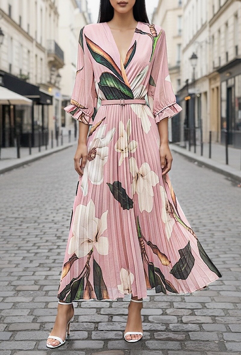 Grossista Elle Style - Abito LISA plissettato con cintura fatta a mano