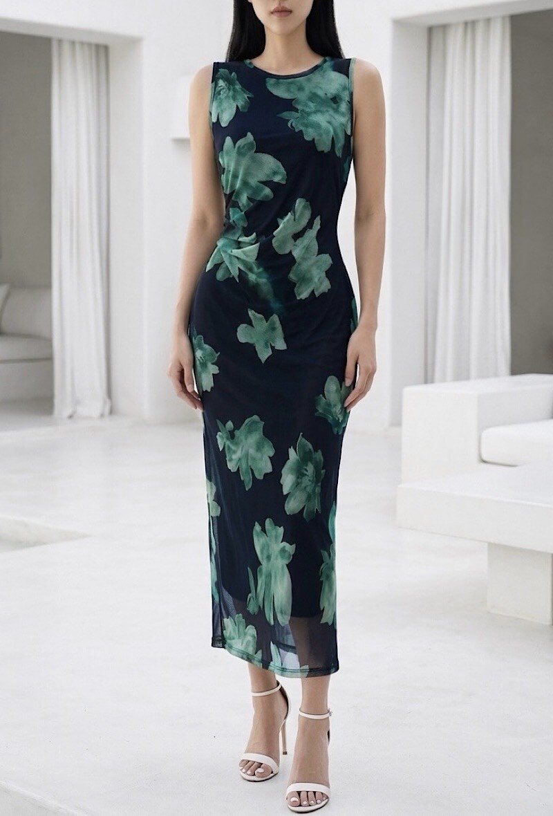 Großhändler Elle Style - MESH-Kleid, bedruckt, mit langen Ärmeln und Viskosefutter