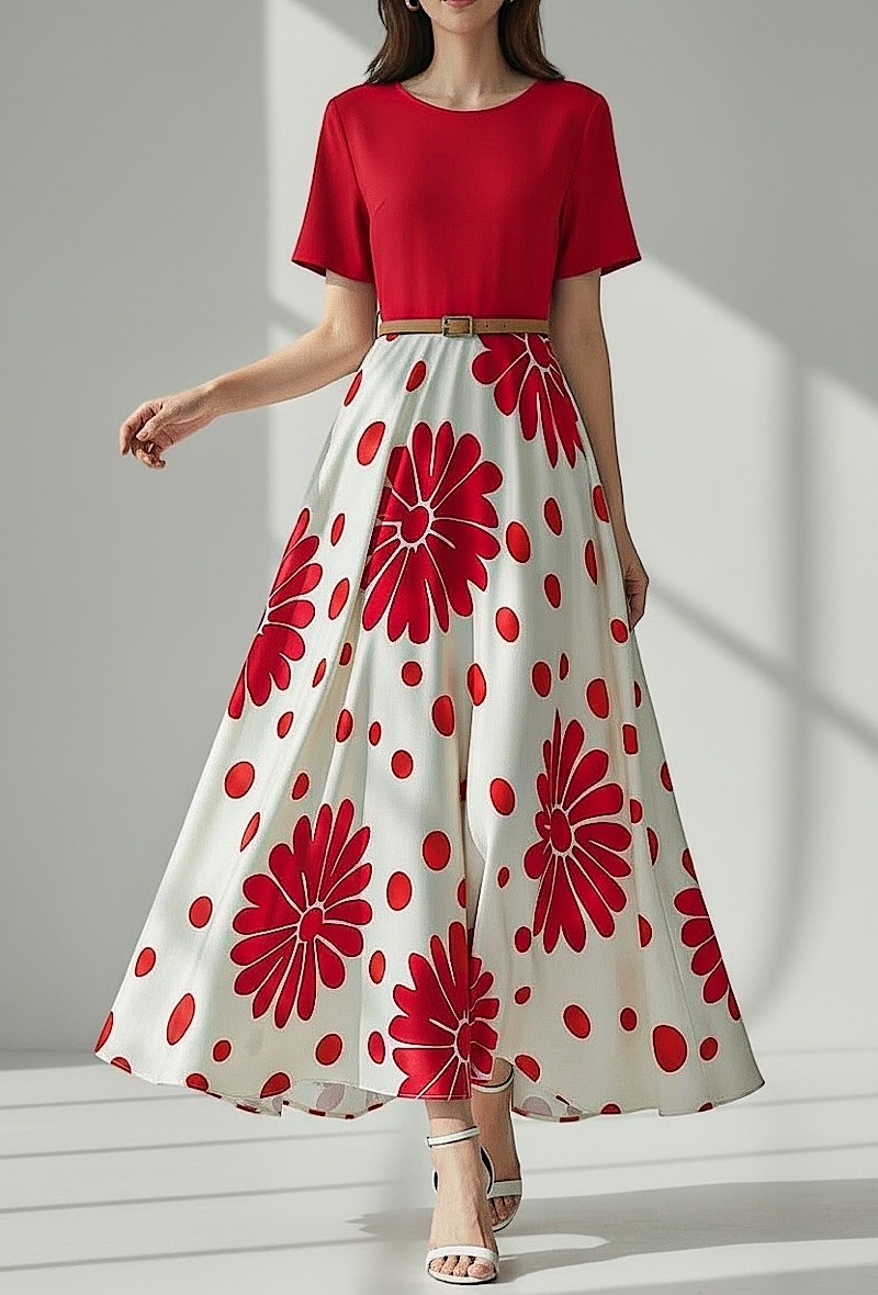Großhändler Elle Style - TINA Kleid aus Viskose und Satin, sehr fließend in einer Zweistoff-Optik. Oberteil aus Viskose mit Gürtel.
