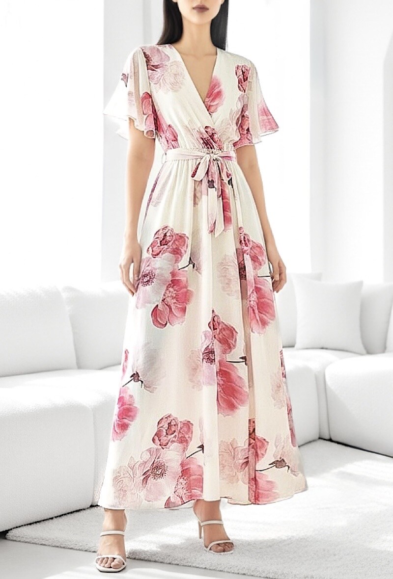 Grossista Elle Style - Abito lungo incrociato CHLOE, stampato con fodera e maniche fluide, chic e alla moda