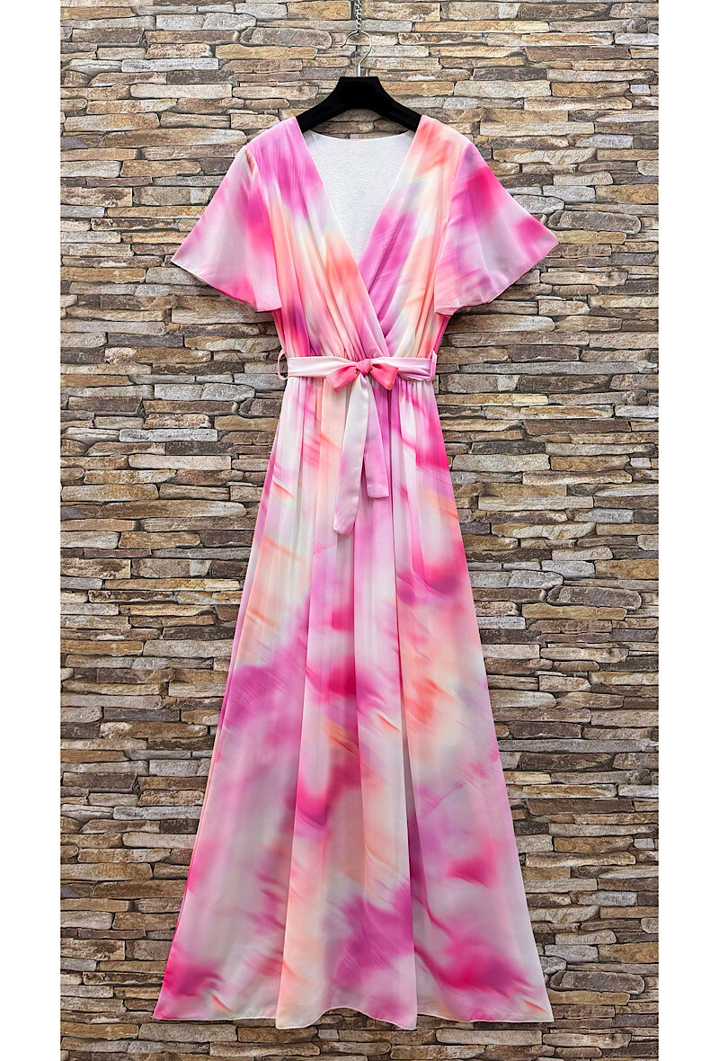 Grossista Elle Style - Abito lungo incrociato CHLOE, stampato con fodera e maniche fluide, chic e alla moda