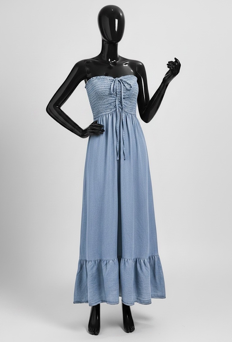 Mayorista Elle Style - Vestido JAKIE palabra de honor fruncido, muy fluido en denim de tela LYOCELL chic y a la moda