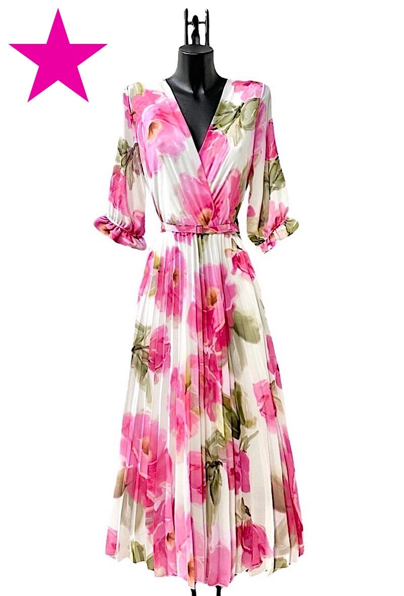 Grossiste Elle Style - Robe LISA plissée avec ceinture faite à la main