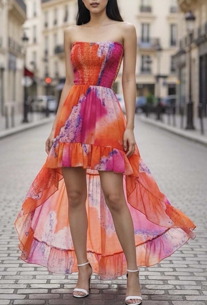 Mayorista Elle Style - Vestido MADY, estampado, bustier fruncido con forro de viscosa, fluido