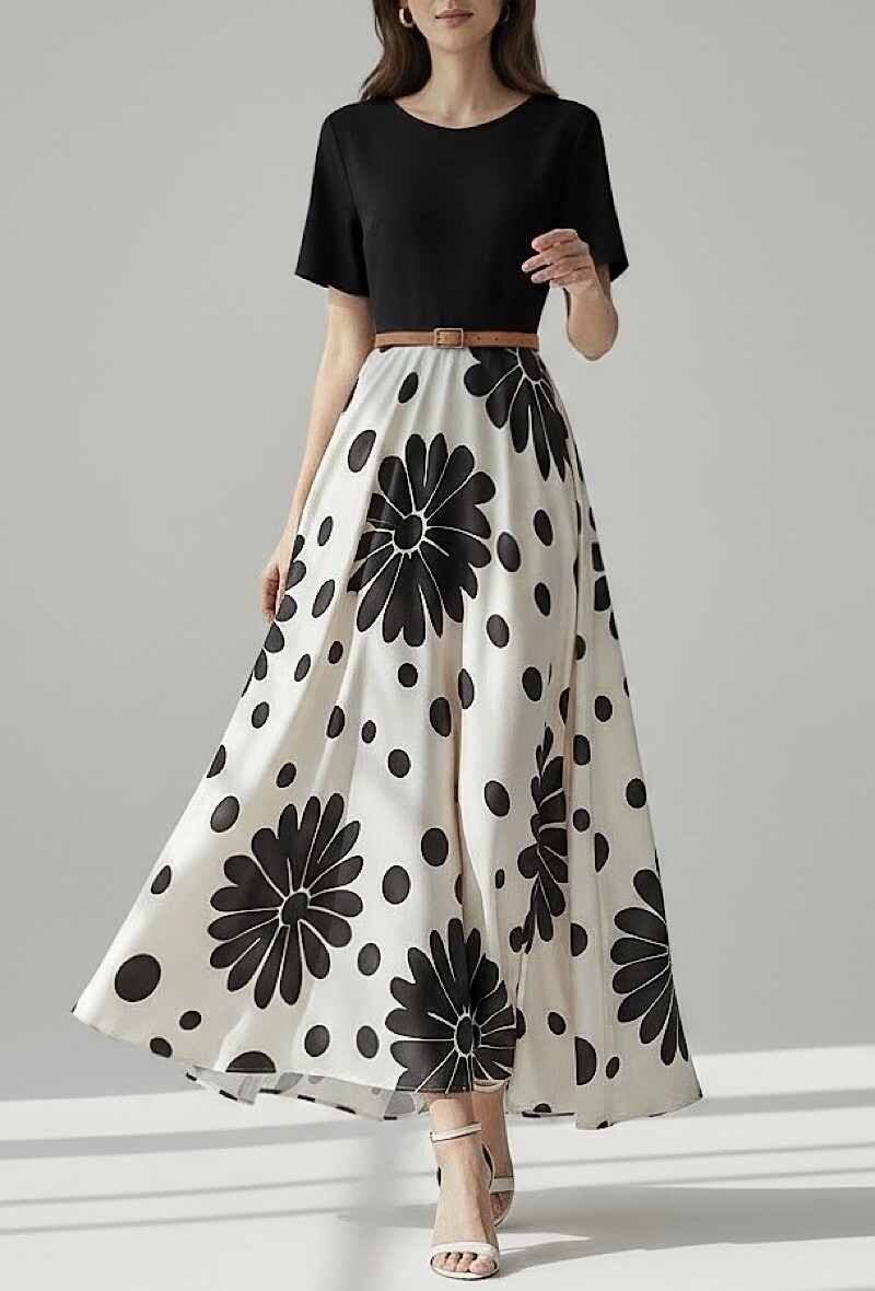Großhändler Elle Style - TINA Kleid aus Viskose und Satin, sehr fließend in einer Zweistoff-Optik. Oberteil aus Viskose mit Gürtel.