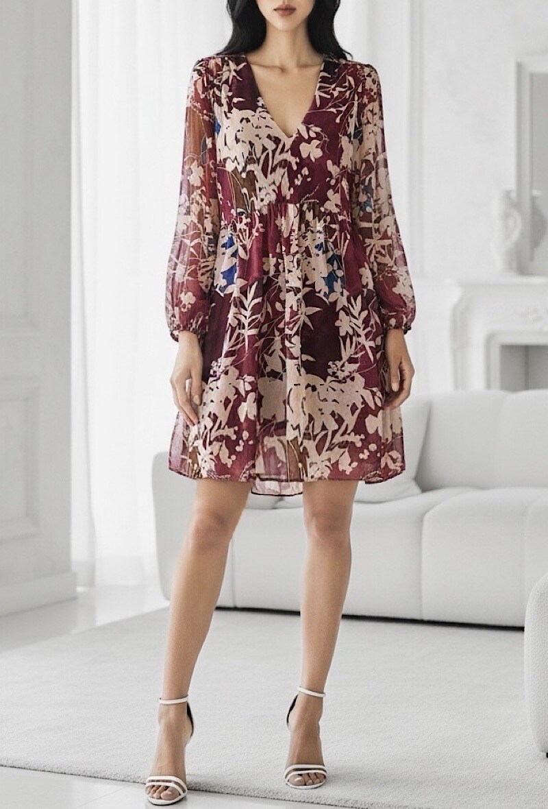 Grossista Elle Style - Abito CLEMENCE con stampa molto fluida, maniche lunghe, fodera in viscosa