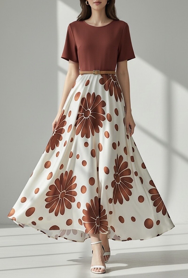 Großhändler Elle Style - TINA Kleid aus Viskose und Satin, sehr fließend in einer Zweistoff-Optik. Oberteil aus Viskose mit Gürtel.