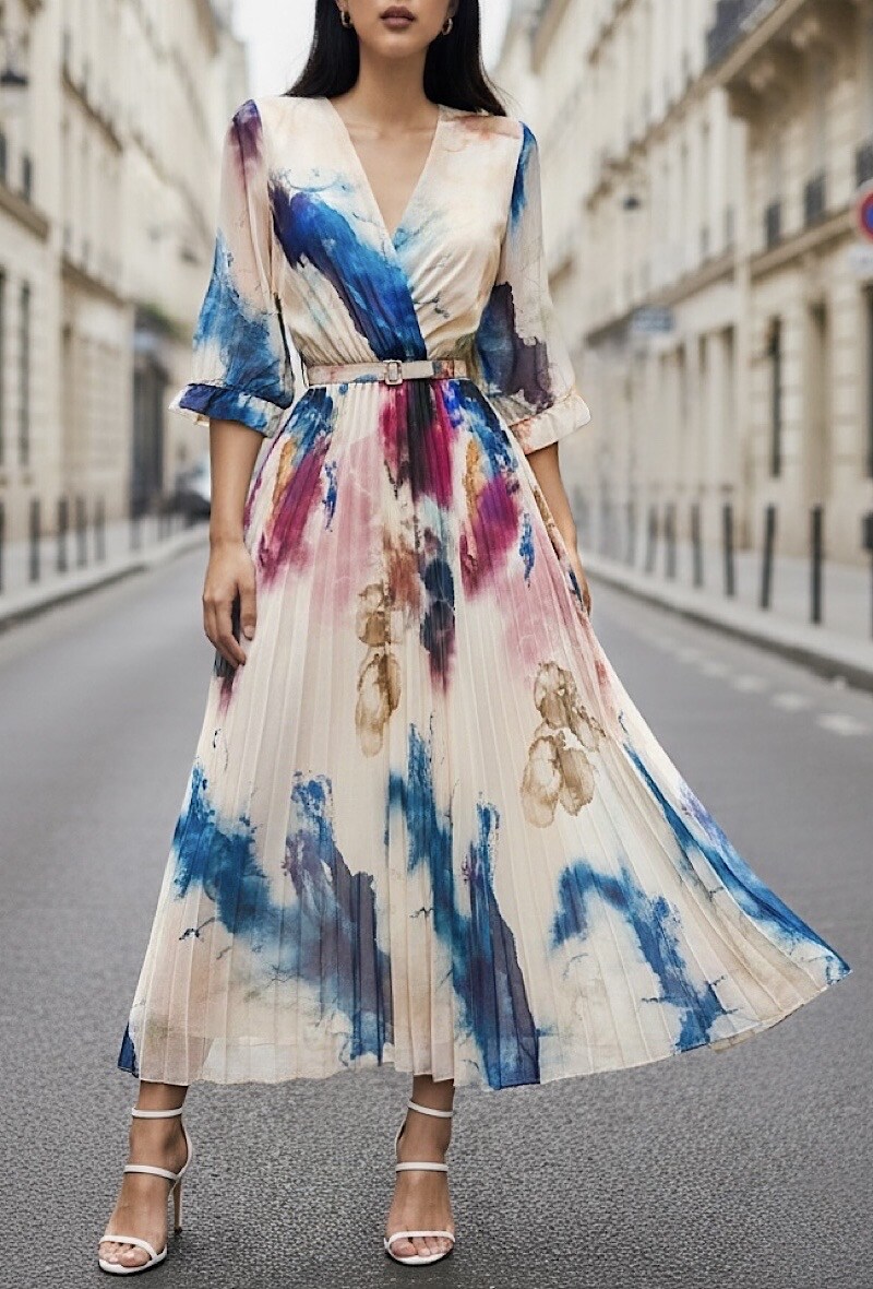 Grossista Elle Style - Abito LISA plissettato con cintura fatta a mano