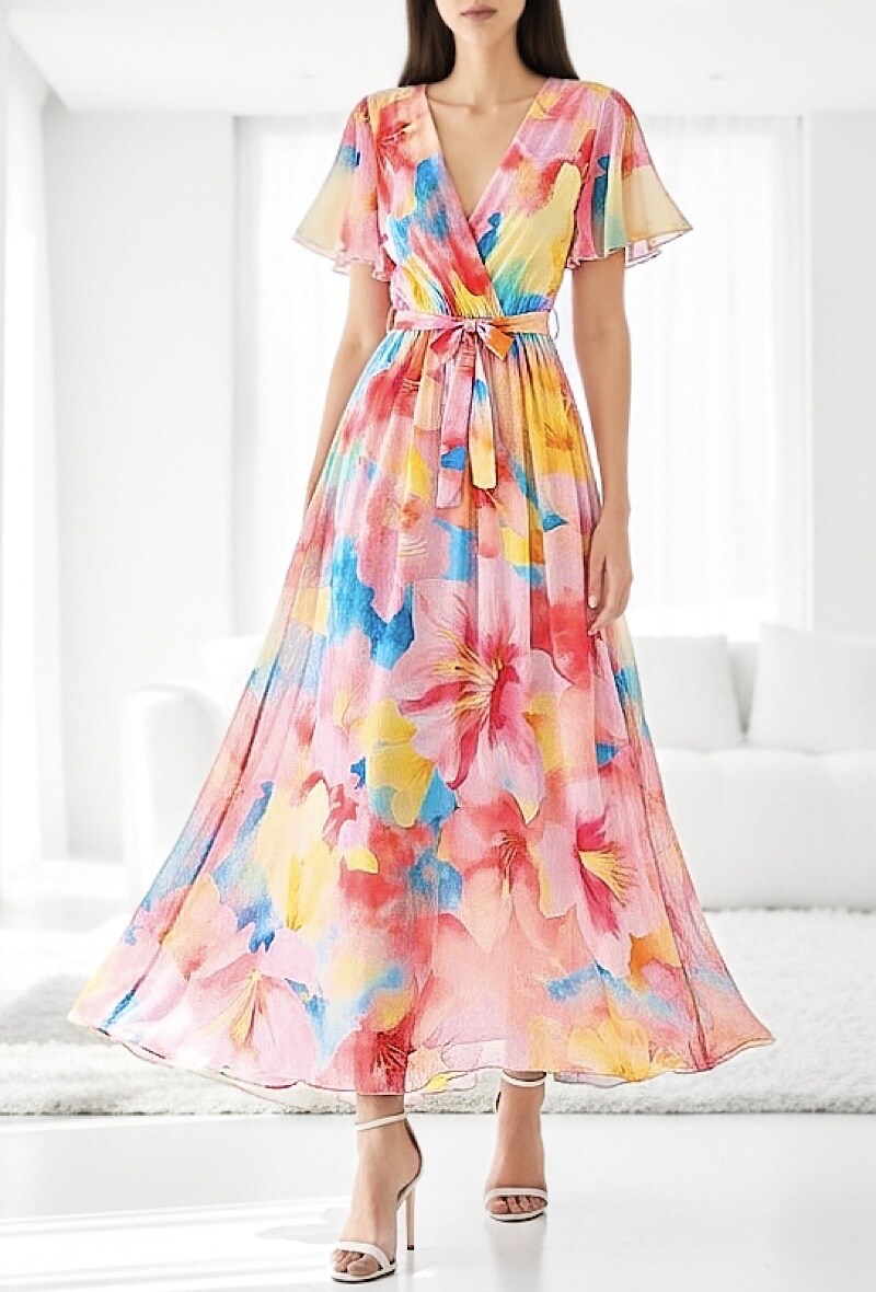 Grossista Elle Style - Abito lungo incrociato CHLOE, stampato con fodera e maniche fluide, chic e alla moda