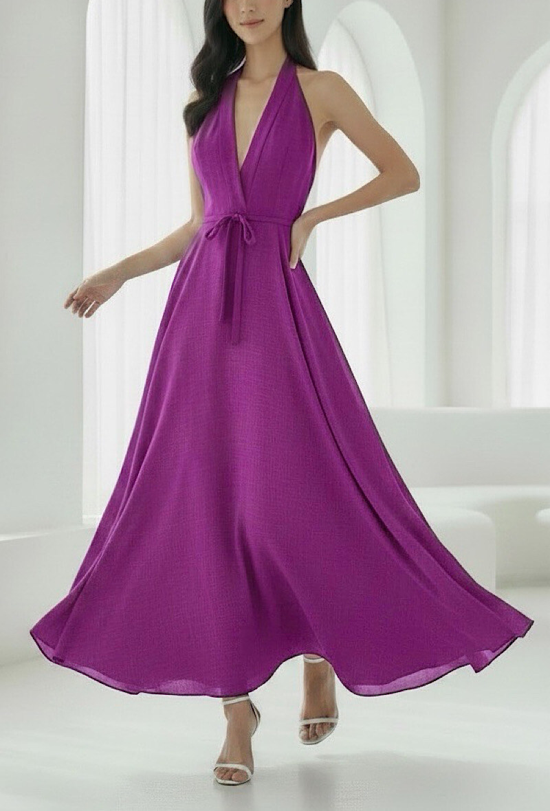 Grossista Elle Style - Abito incrociato JEANNE lungo, molto fluido in viscosa effetto lino, chic e alla moda