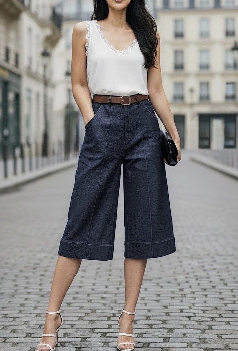 Mayorista Elle Style - Pantalones capri JONNA efecto vaquero, estilo palazzo ancho con botón, cremallera frontal y bolsillos