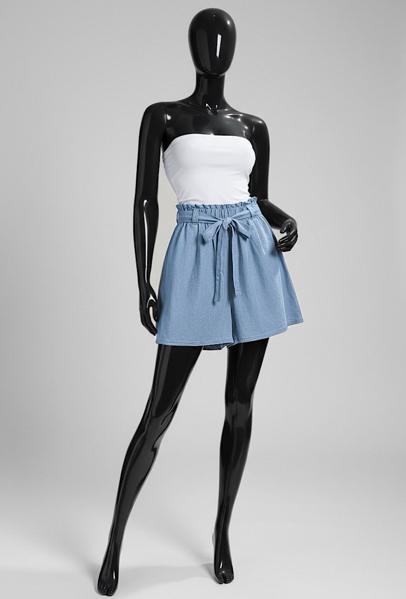 Mayorista Elle Style - Short MANON muy fluido en denim con cinturón de lazo. Cintura elástica en MATERIAL LYOCELL
