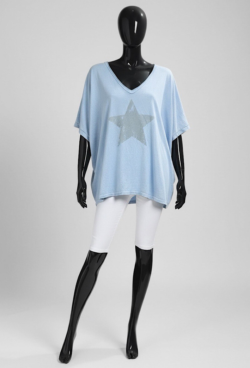 Mayorista Elle Style - Camiseta ESTRELLA de ALGODÓN con cuello en V y muy fluida. CASUAL Y BÁSICA.