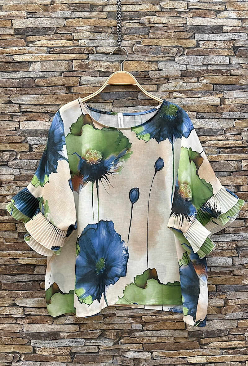Grossiste Elle Style - Blouse ADELE, fluide imprimé, effet lin, bohème chic, manches plissées