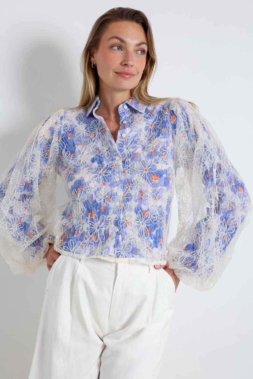 Mayorista ELLI WHITE - Camisa estampada con encaje de voile