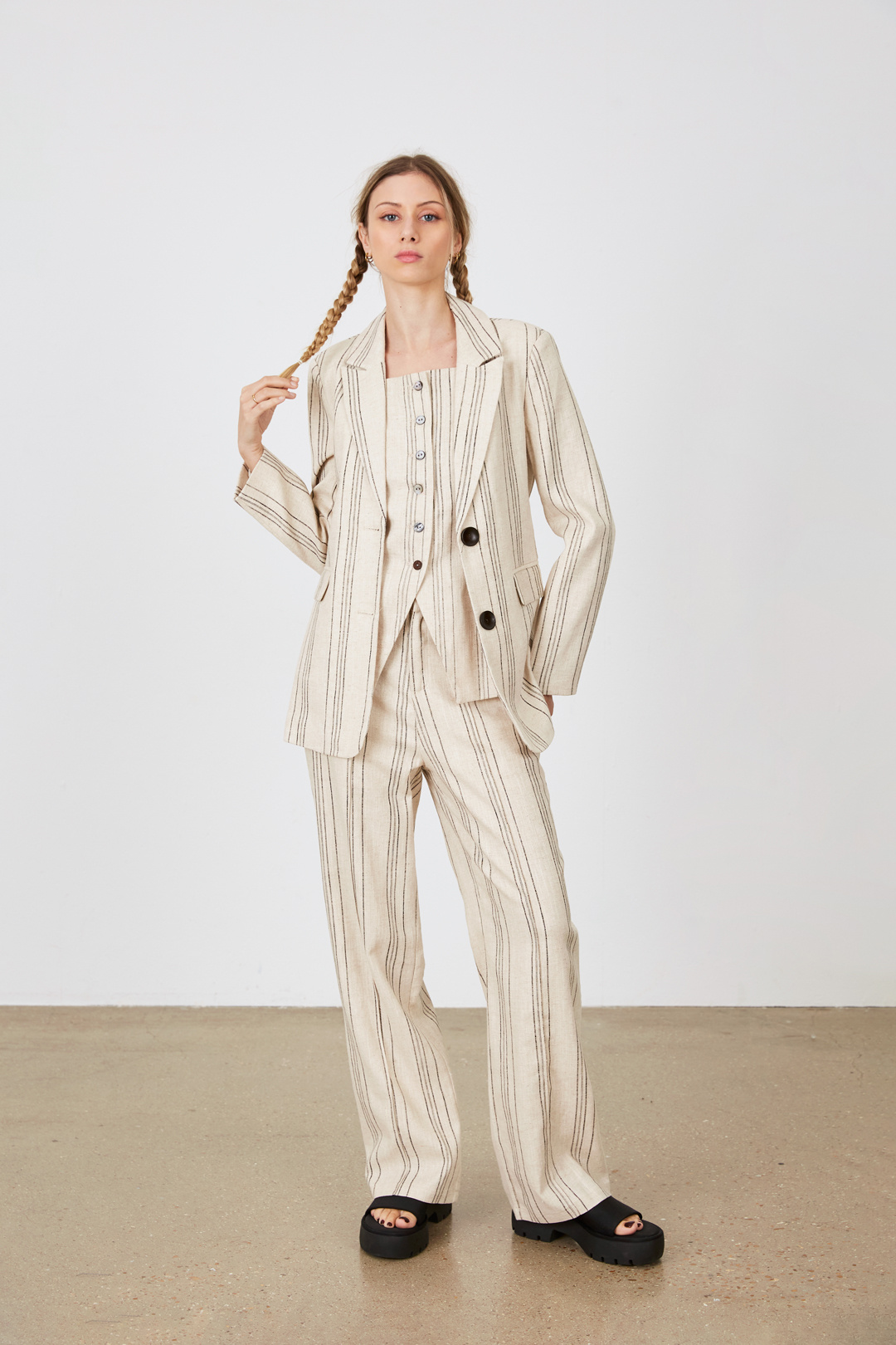 Grossiste ELLI WHITE - Pantalon rayé en coton lin