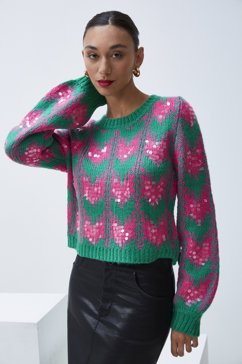 Wholesaler ELLI WHITE - Thick two-tone patterned sweater with sequins