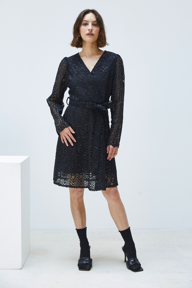Wholesaler ELLI WHITE - Short sequin lace wrap dress with belt