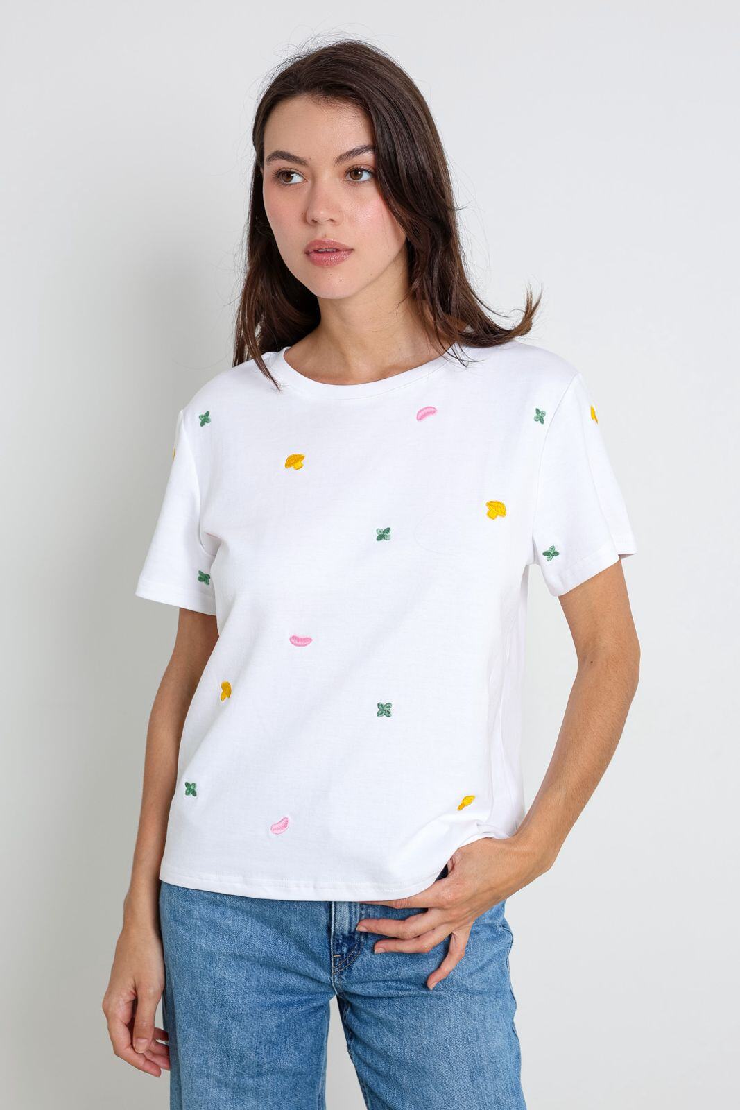 Mayorista ELLI WHITE - Camiseta de algodón con patrones bordados coloridos