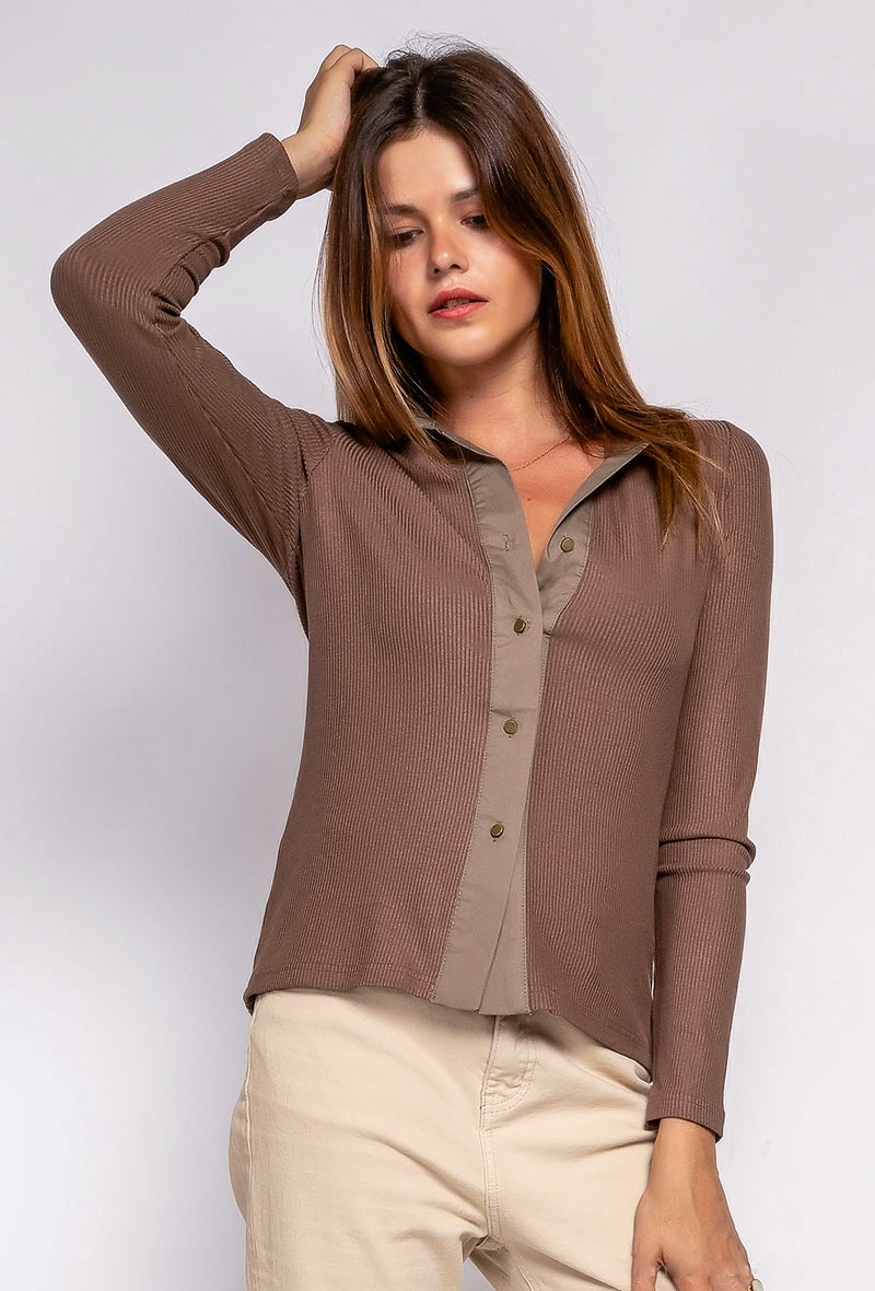 Grossiste ELLI WHITE - Chemise bimatière côtelée