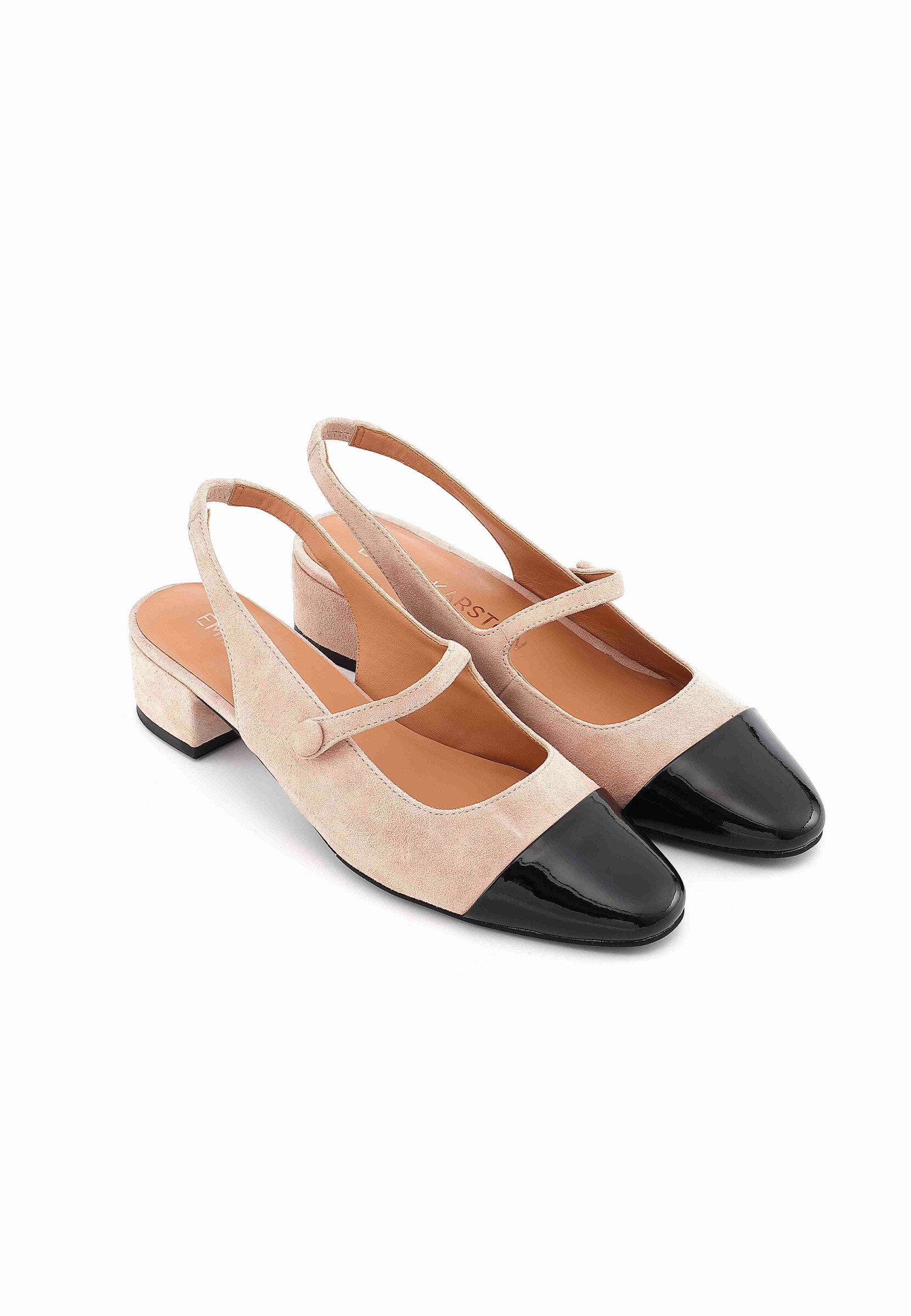 Grossiste EMILIE KARSTON - Escarpins Slingback Femme HOLLY en Cuir – Bout Verni Contrasté & Talon Carré