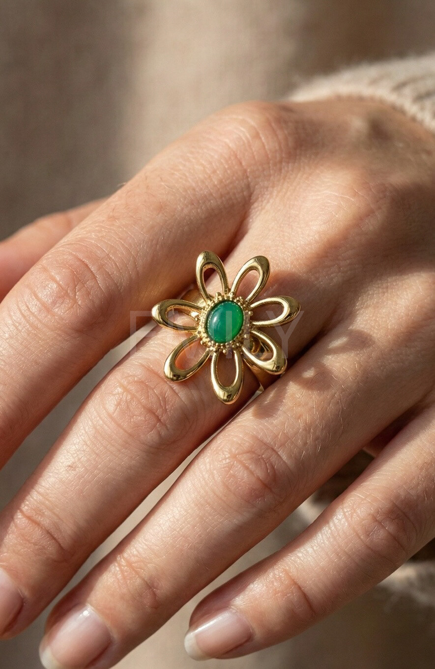 Mayorista Emily - Anillo ajustable de acero inoxidable dorado Piedra Flor