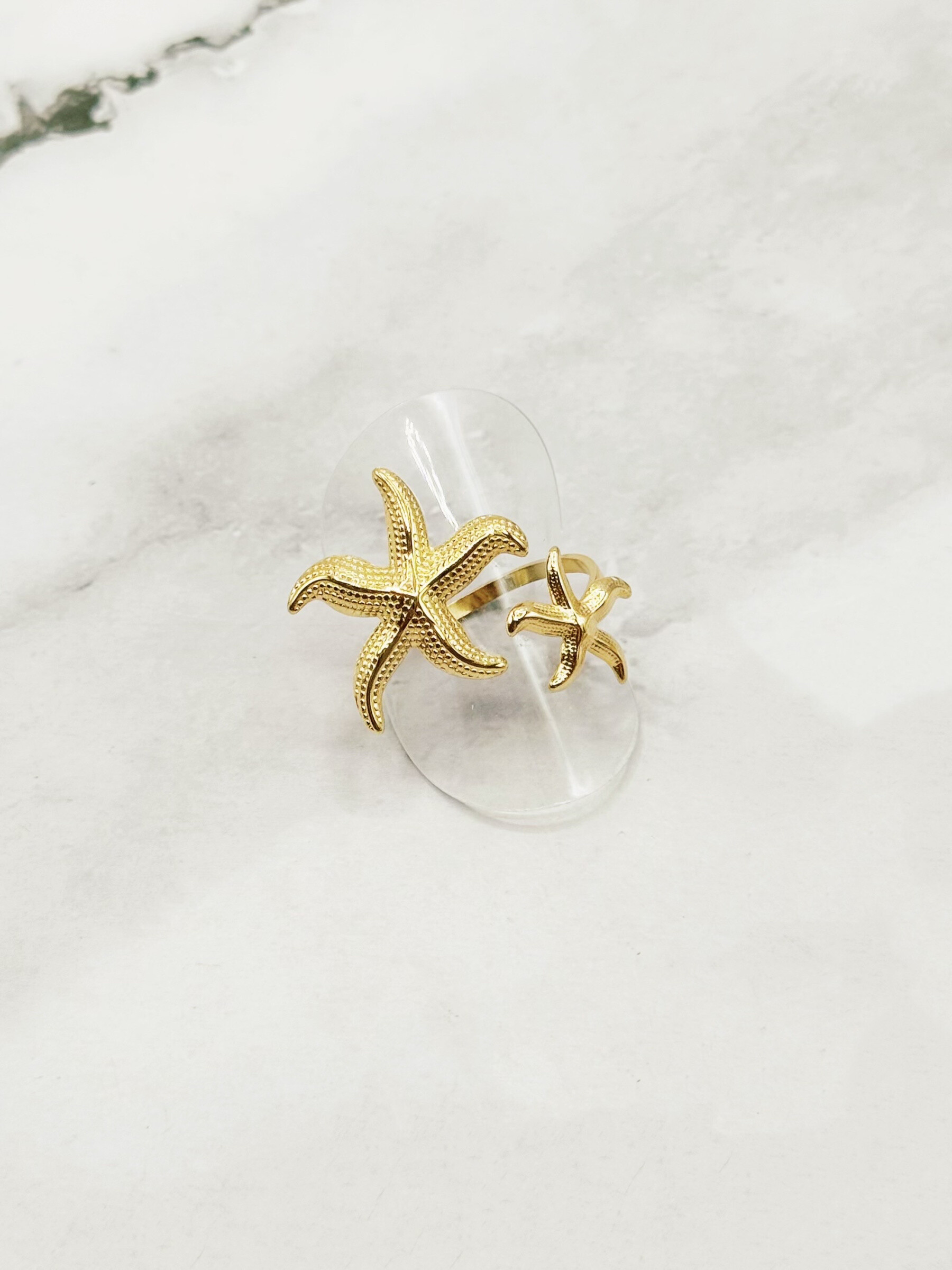 Grossiste Emily - Bague en acier inoxydable ajustable Double Étoiles de mer