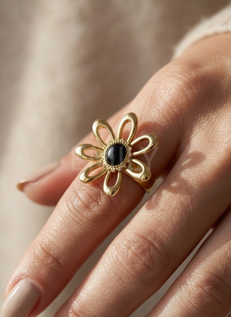 Mayorista Emily - Anillo ajustable de acero inoxidable dorado con piedra de flor