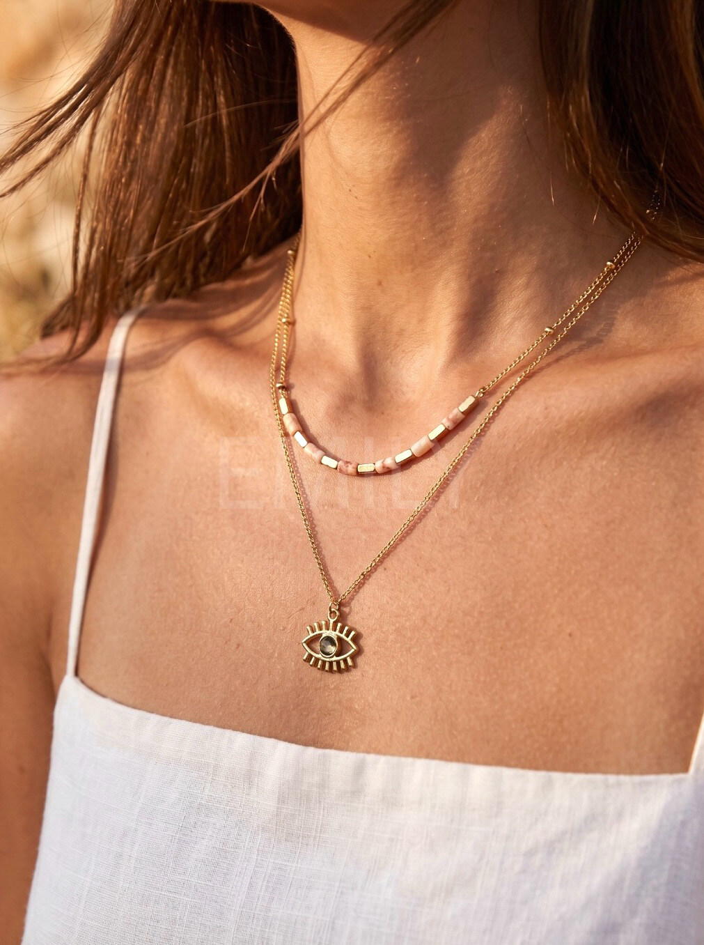 Grossiste Emily - Collier double rang en acier inoxydable Perles Oeil