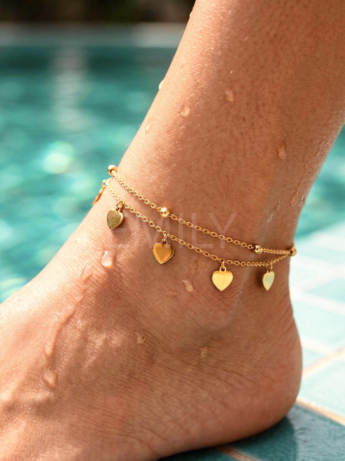Mayorista Emily - Tobillera ajustable de acero inoxidable dorado con Doble Corazones