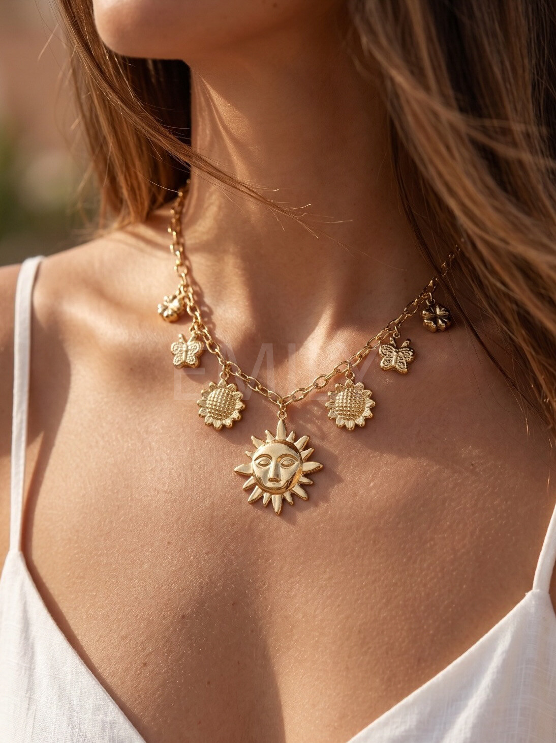 Mayorista Emily - Collar ajustable de acero inoxidable dorado con charms de naturaleza