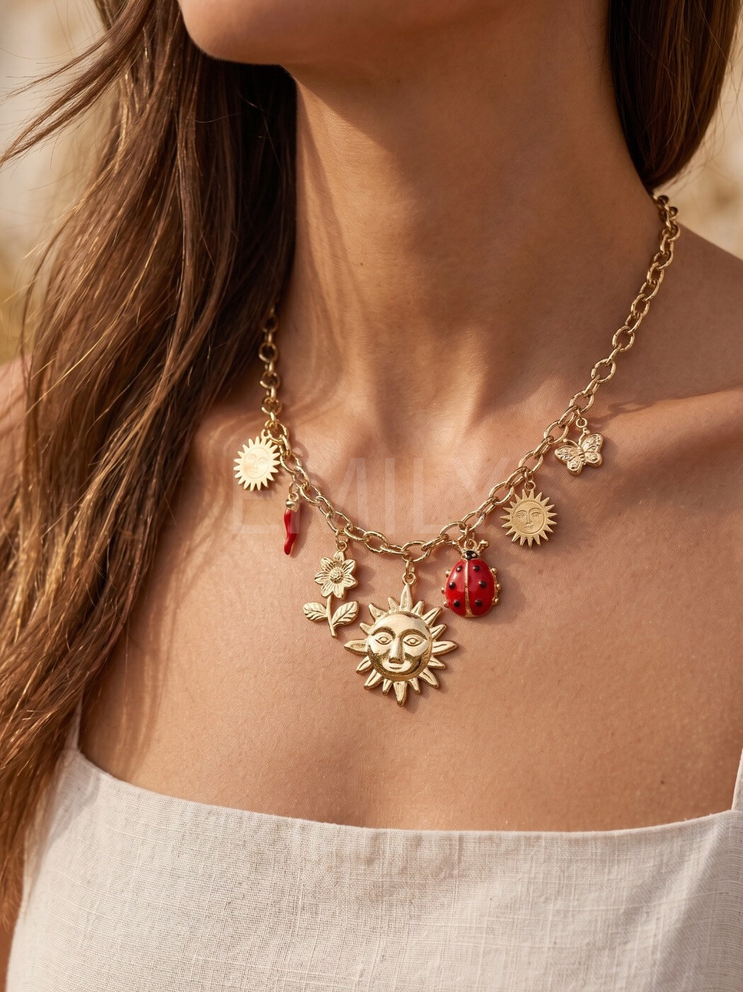 Mayorista Emily - Collar ajustable de acero inoxidable dorado con charms de naturaleza