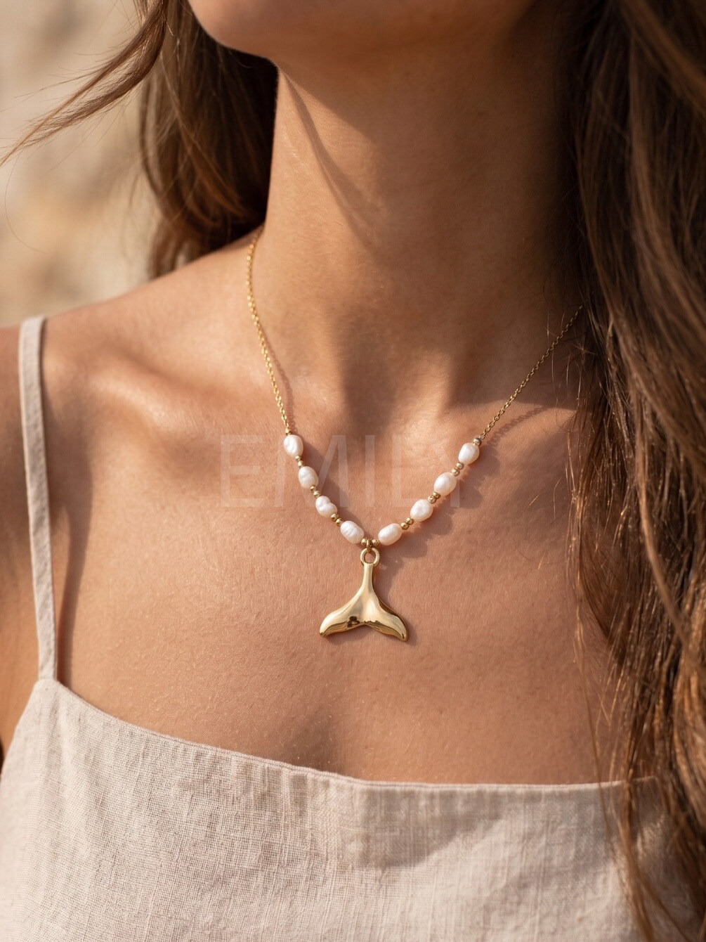 Wholesaler Emily - Adjustable gold stainless steel necklace Freshwater pearls Whale tail