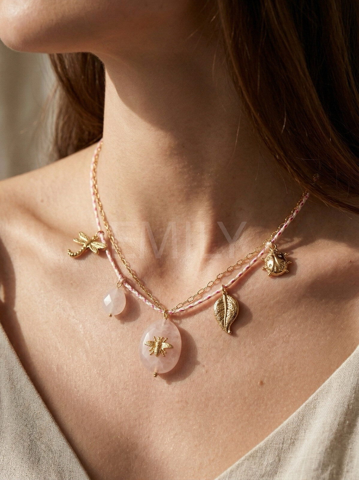 Wholesaler Emily - Adjustable double necklace in stainless steel Cord Charms