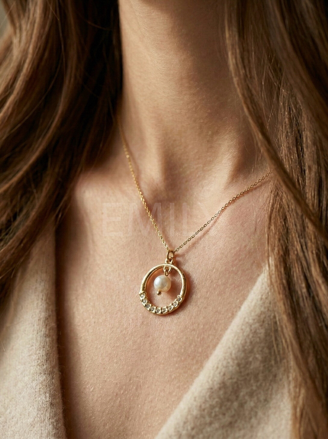Mayorista Emily - Collar ajustable de acero inoxidable Círculo, Perla y Strass