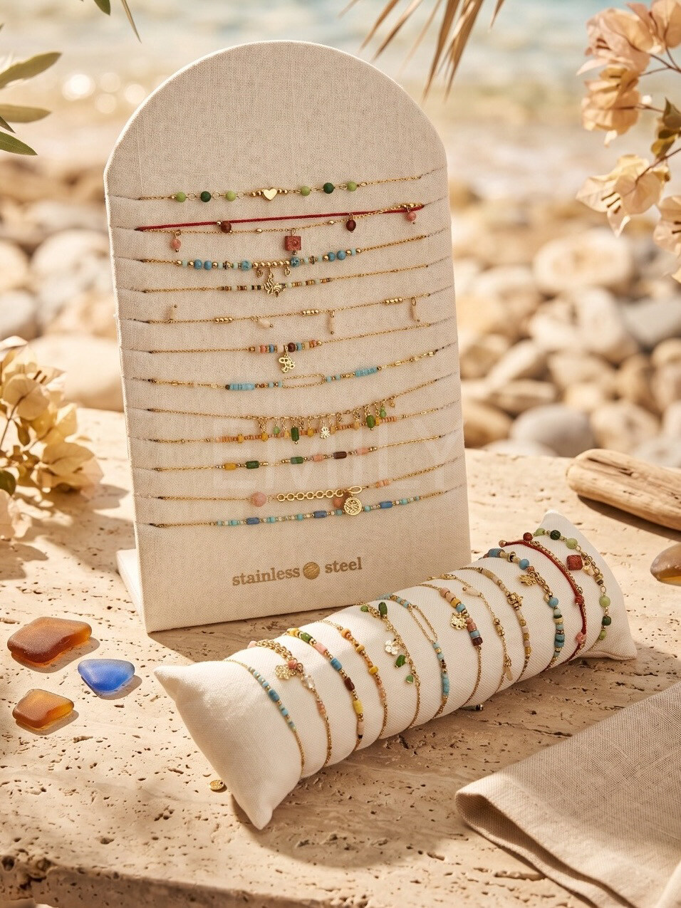 Mayorista Emily - Lotes de 12 pulseras y 12 collares ajustables de acero inoxidable