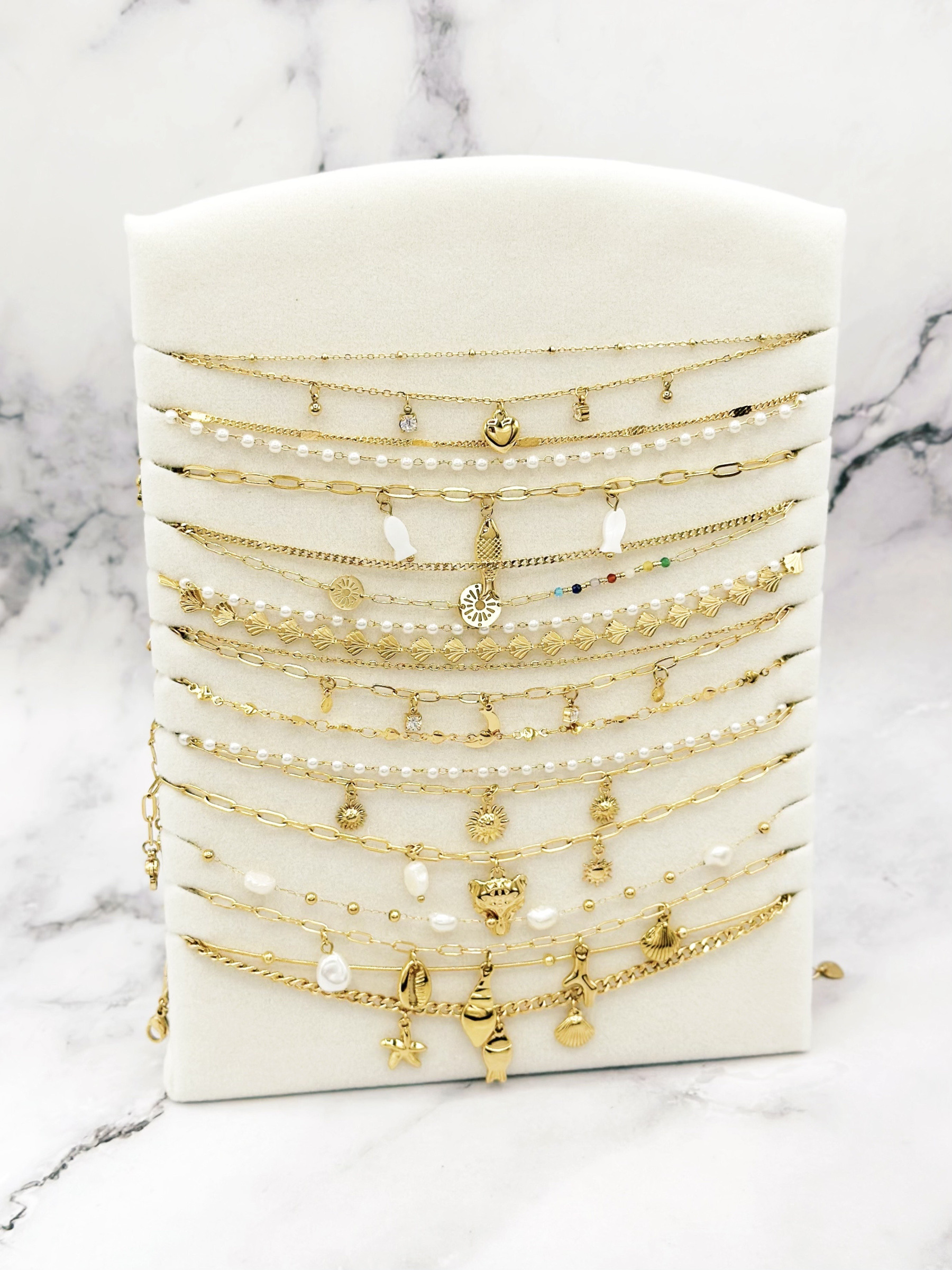 Wholesaler Emily - Set of 12 adjustable stainless steel anklets on display stand