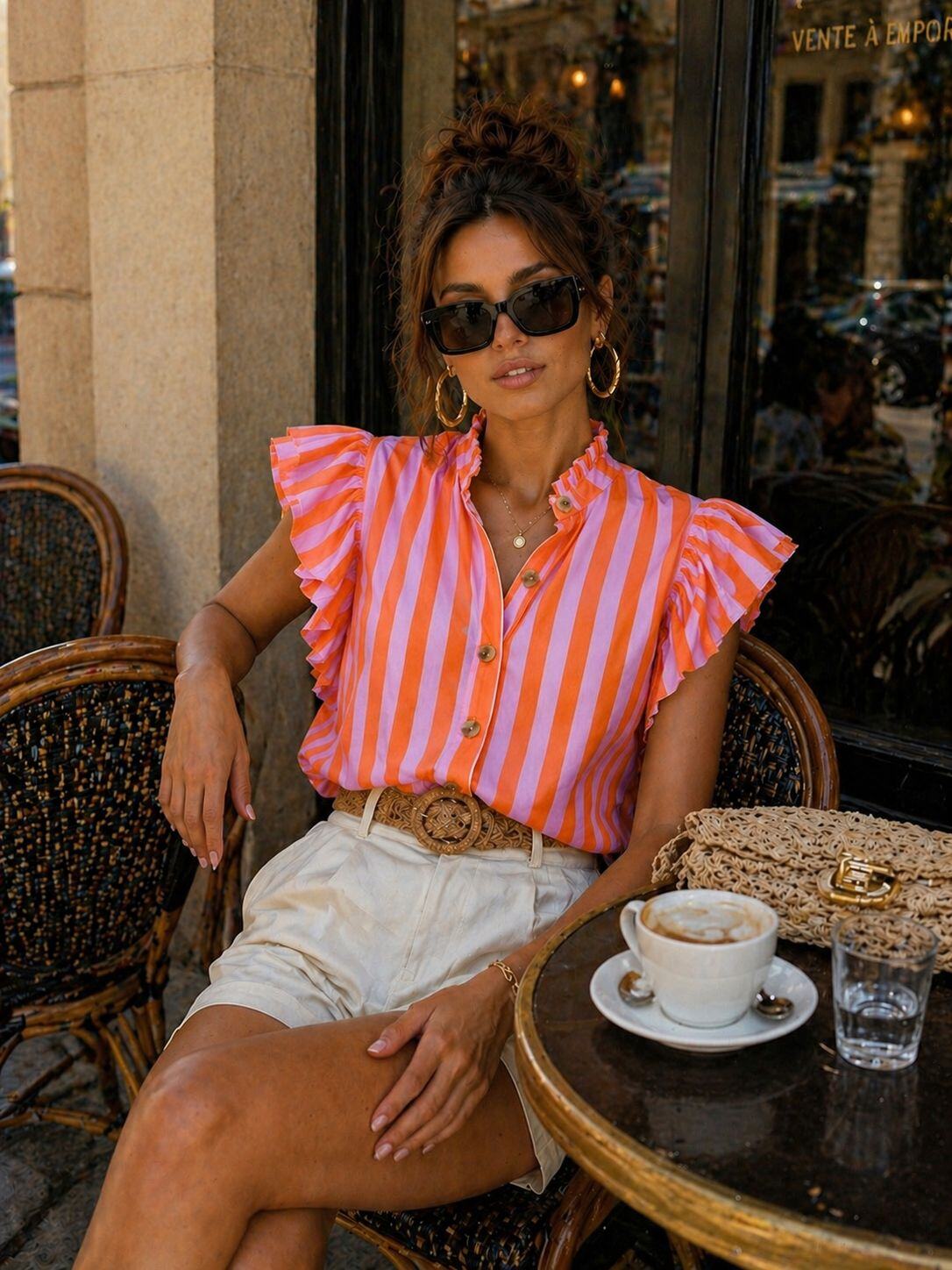 Mayorista Emma & Ashley design - Camisa de Mujer a Rayas con Volantes – Cuello Alto
